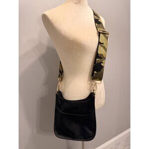 NEW Ah Dorned black vegan leather crossbody bag adjustable camo guitar strap